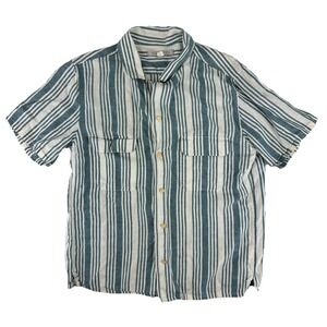 Outerknown Hemp Blend Short Sleeve Button Up Shirt Mens Medium Green Striped